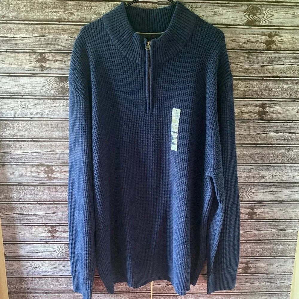 Denver Hayes Men's 1/4-Zip Sweater Size 3XL Blue Waffle-Knit Long-Sleeved NWT‎